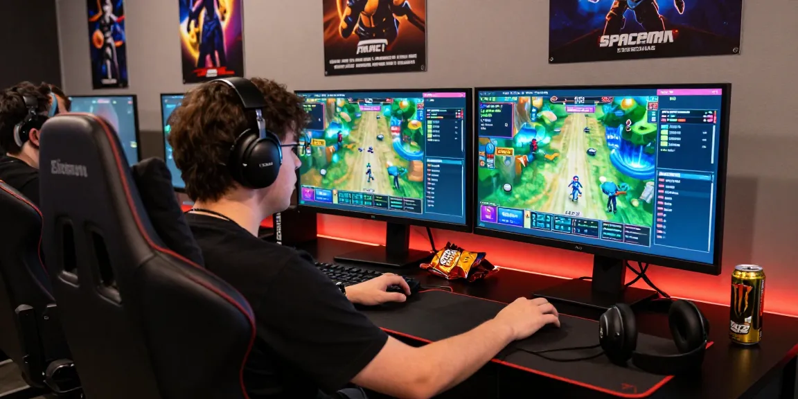 Exciting gaming setup showcasing aviator 1xbet gameplay with dual monitors and gaming gear.