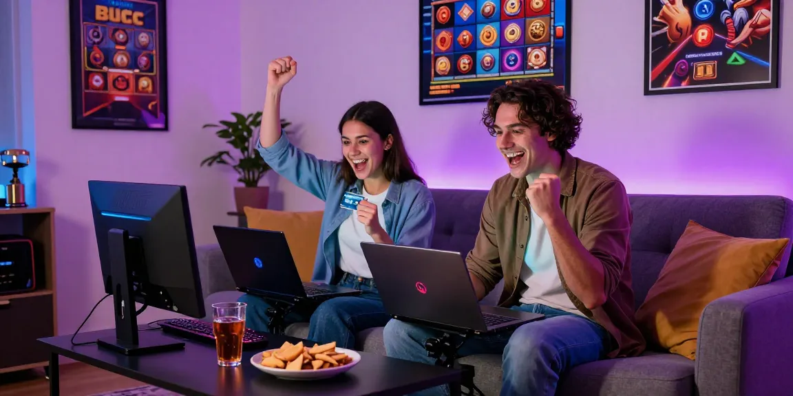 Engaged players celebrating at credit card casinos UK, showcasing excitement and modern gaming ambiance.