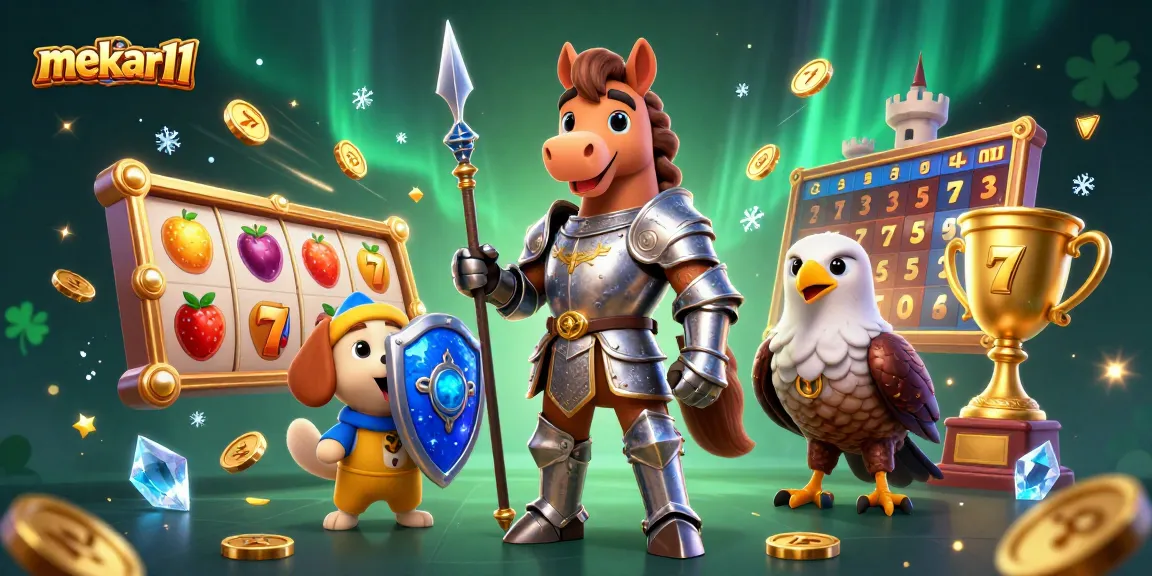 Mekar11 captivates with a rich illustration featuring a knight, puppy, and falcon amidst dynamic slot elements.