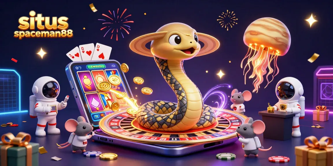 Experience thrilling action at situs spaceman88 with a cosmic casino scene featuring playful astronaut mice and a golden jellyfish dealer.