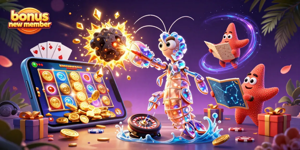 Engage with the vibrant bonus new member scene featuring a galactic mantis shrimp and slot games.