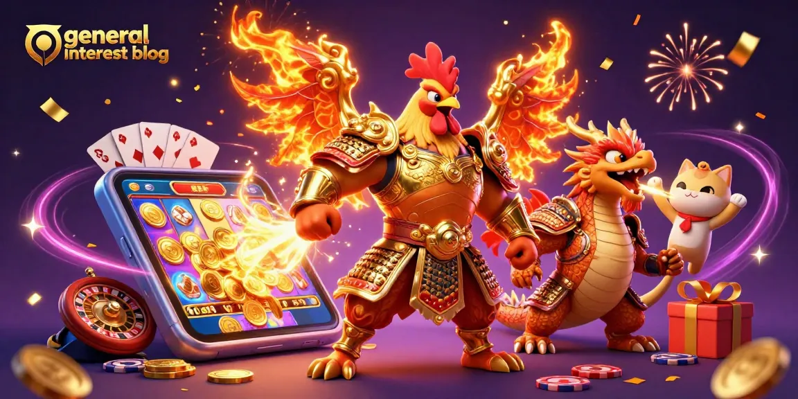 Exciting scene of the general interest blog showcasing a fighting rooster, dragon, and fortune cat amidst casino elements.