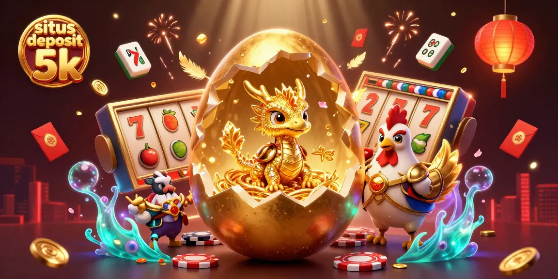 View the vibrant scene of situs deposit 5k with a golden dragon and slot elements, showcasing casino excitement.