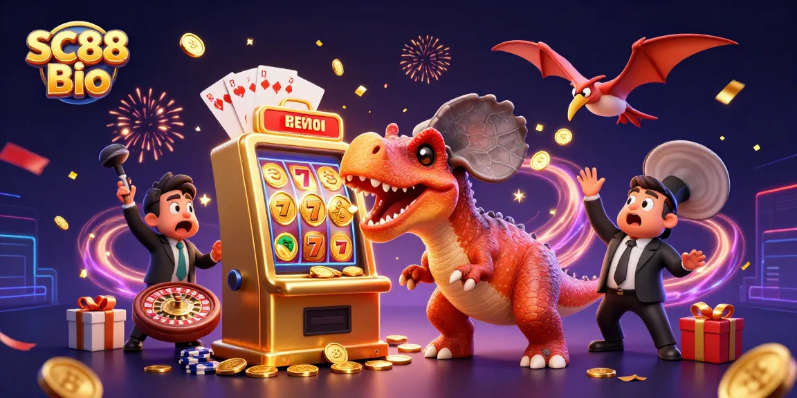 Catch golden coins with SC88 Bio in a vibrant casino scene featuring fun animated dinosaurs.