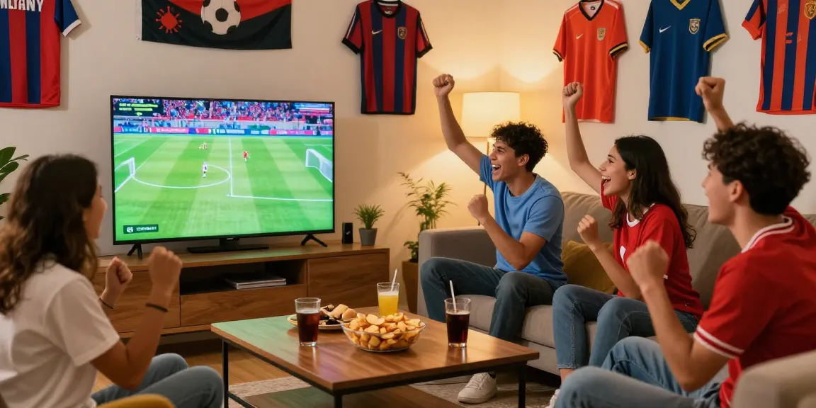 Menikmati nonton bola bersama teman-teman di ruang tamu dengan tayangan pertandingan langsung.